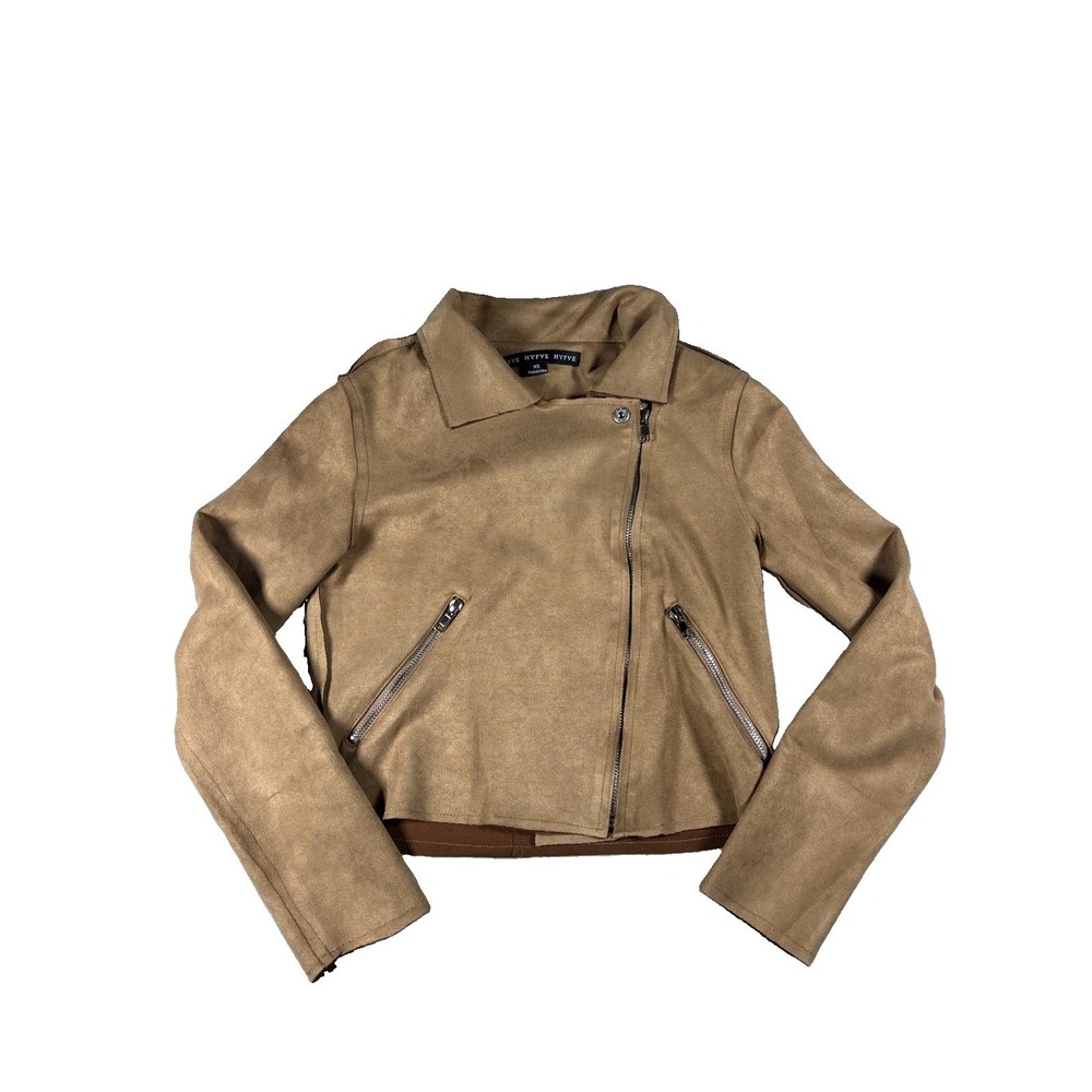 Hyfve Womens Suede Like Tan Cropped Jacket XS Brown Faux Suede Moto Zip